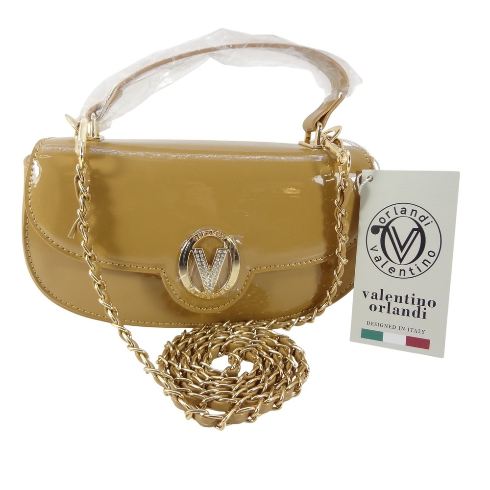 Valentino Orlandi Handbag Taupe NEW Patent Leather Crystal Logo Italy